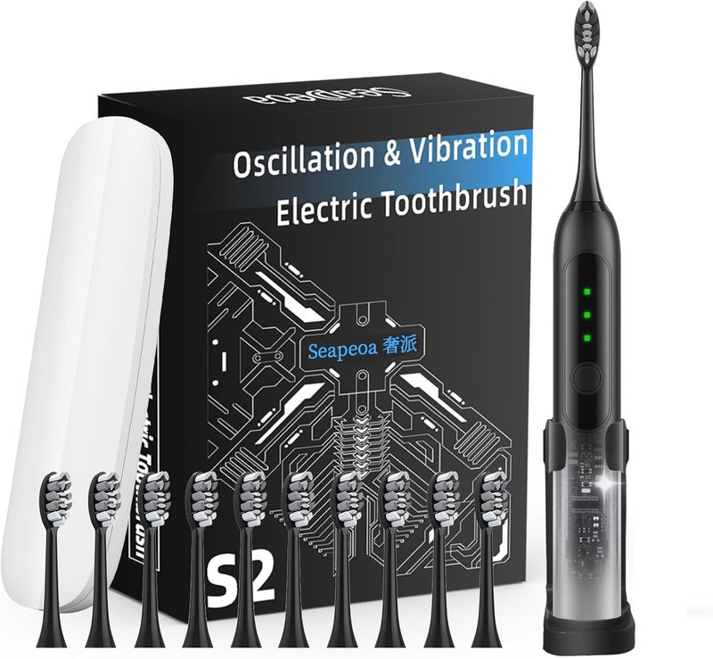 Seapeoa Adult Sonic Electric Toothbrush with 10 Brush Heads, Travel case, and Wall Bracket, Suitable for Both Adults and Children, IPX8 Waterproof, USB Charging, 42000VPM, Black - Image 1